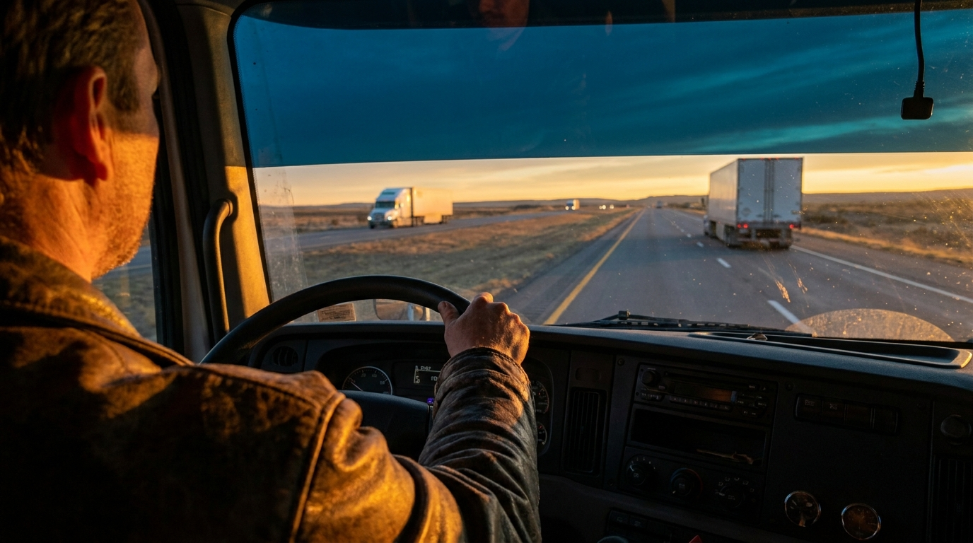 Truck driver at the wheel at sunrise on a Central Florida highway