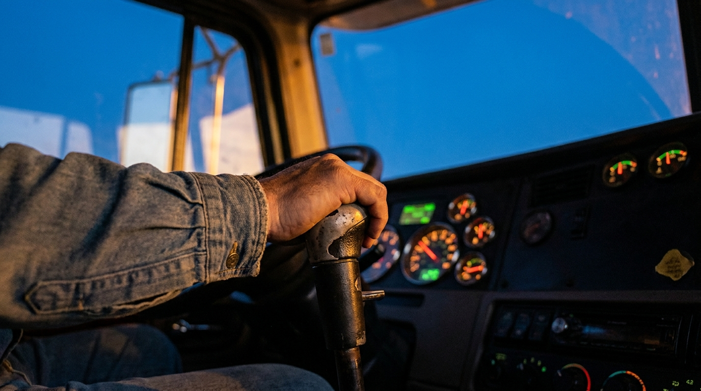 Driver's hand on an 18-speed manual transmission shifter inside a Class A truck cab